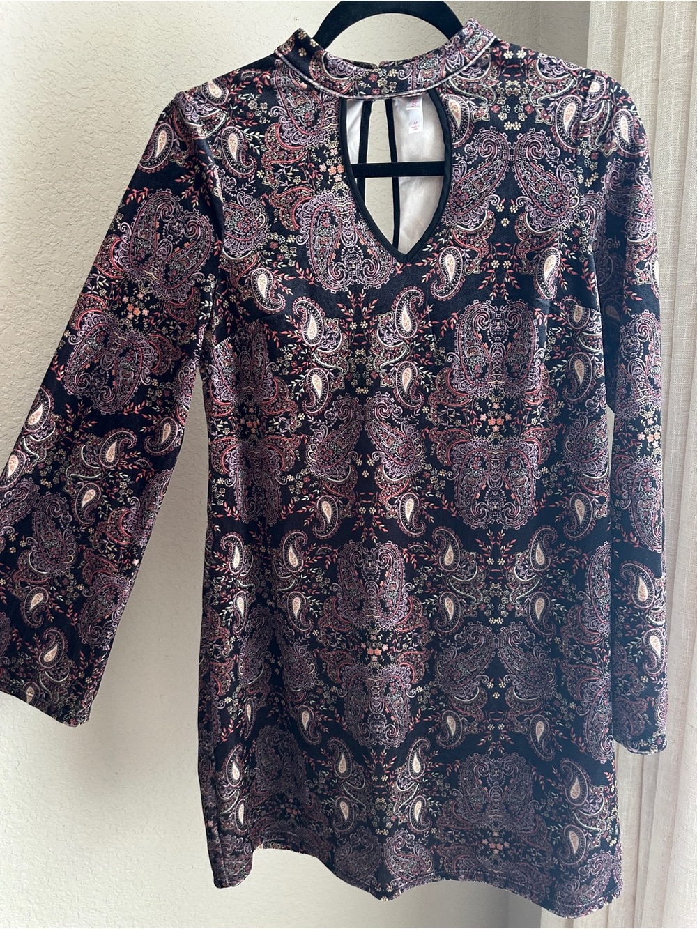 Xhilaration Black Paisley Mock-Neck Long Sleeve Dress with Pink Accents
